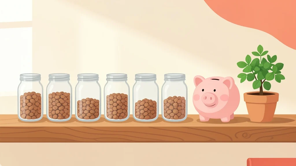 棚に並んだ量の違う豆入りの小瓶と豚の貯金箱、観葉植物で出費に少しずつ備える演出イメージ